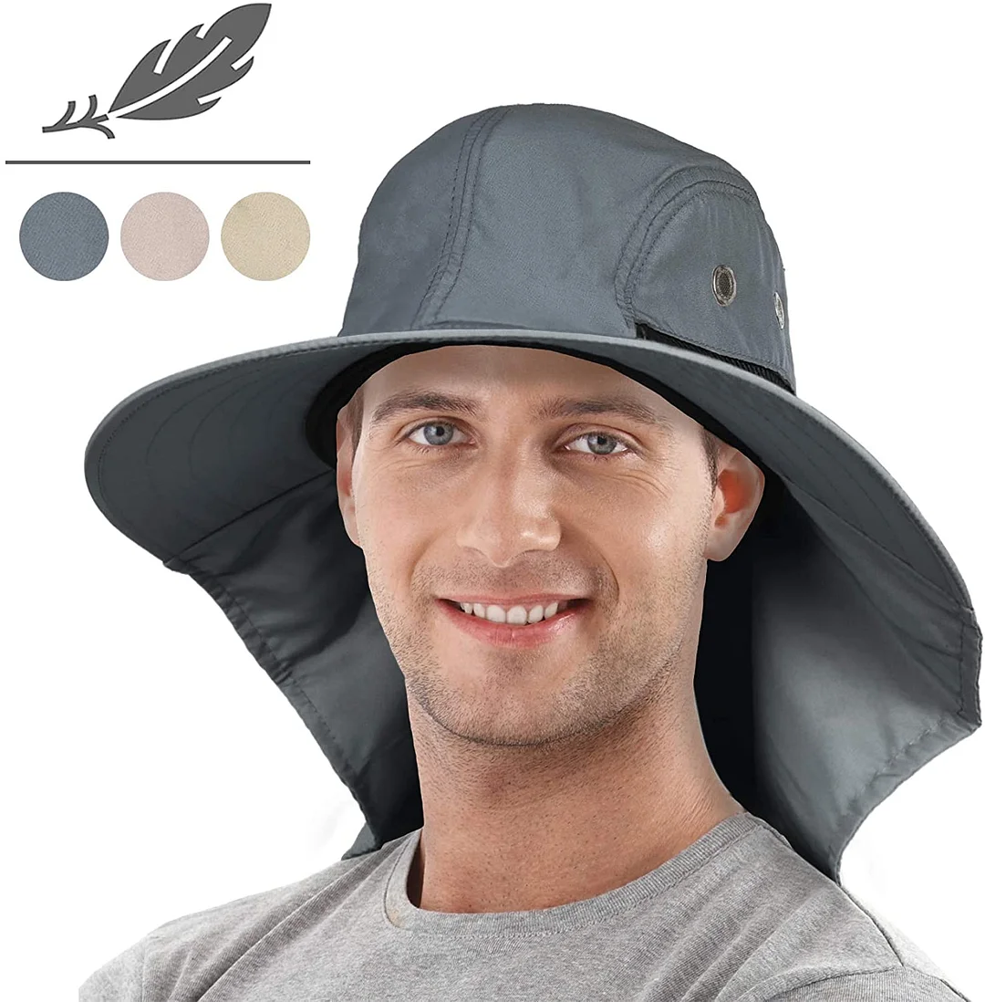 Mens Wide Brim Sun Hat with Neck Flap Fishing Safari Cap for Outdoor Hiking Camping Gardening Lawn Field Work