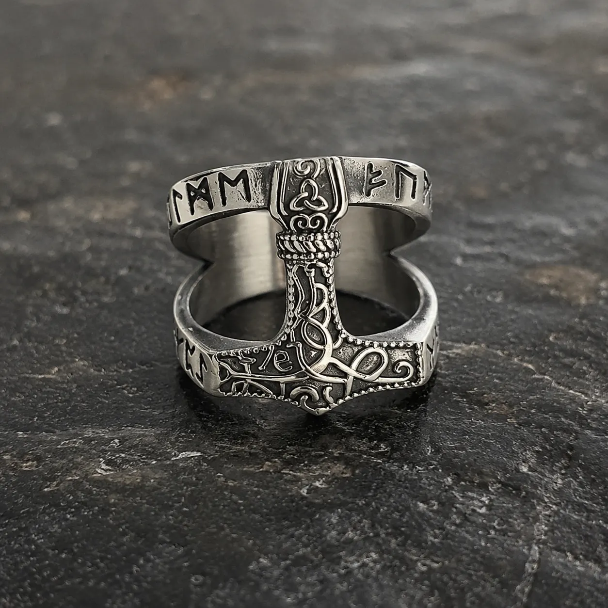Hollow Openwork Mjolnir Thor's Hammer Viking Rune Stainless Steel Ring for Men