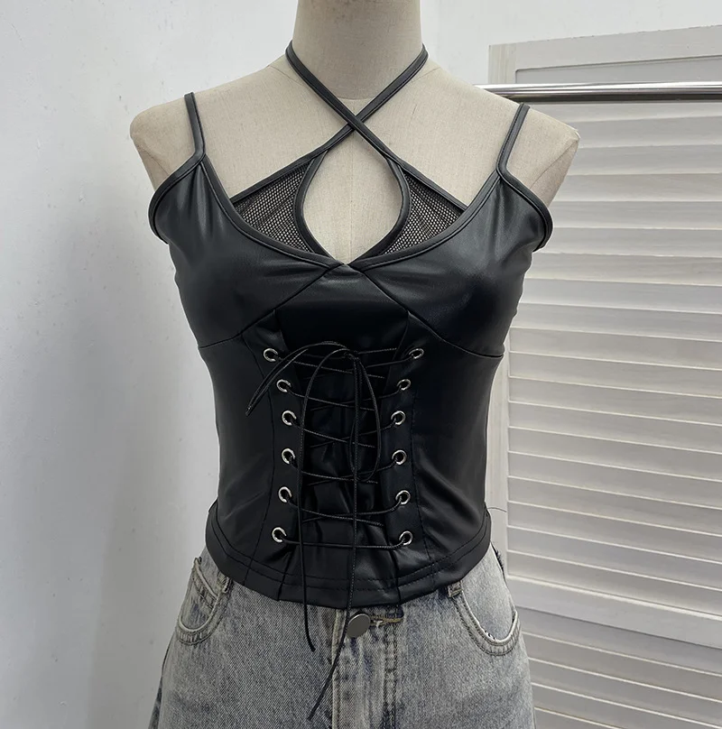 Nigikala Nigikala Shooting Locomotive Punk Pu Splicing Fishing Net Hanging Neck Sling Vest Babes Wearing Rope Repair Short Blouse 8106