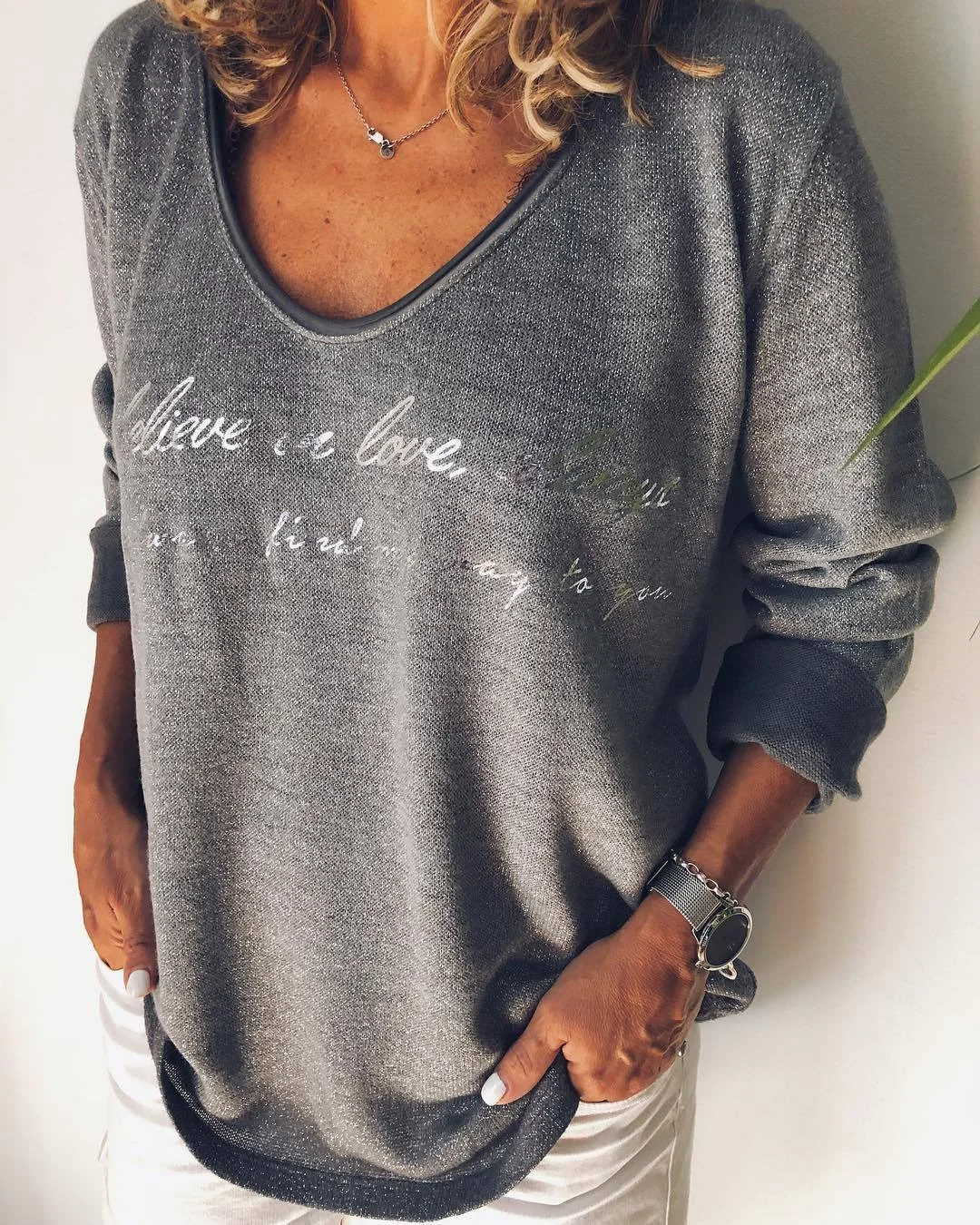 Grey Cotton Printed Casual Shirts & Tops