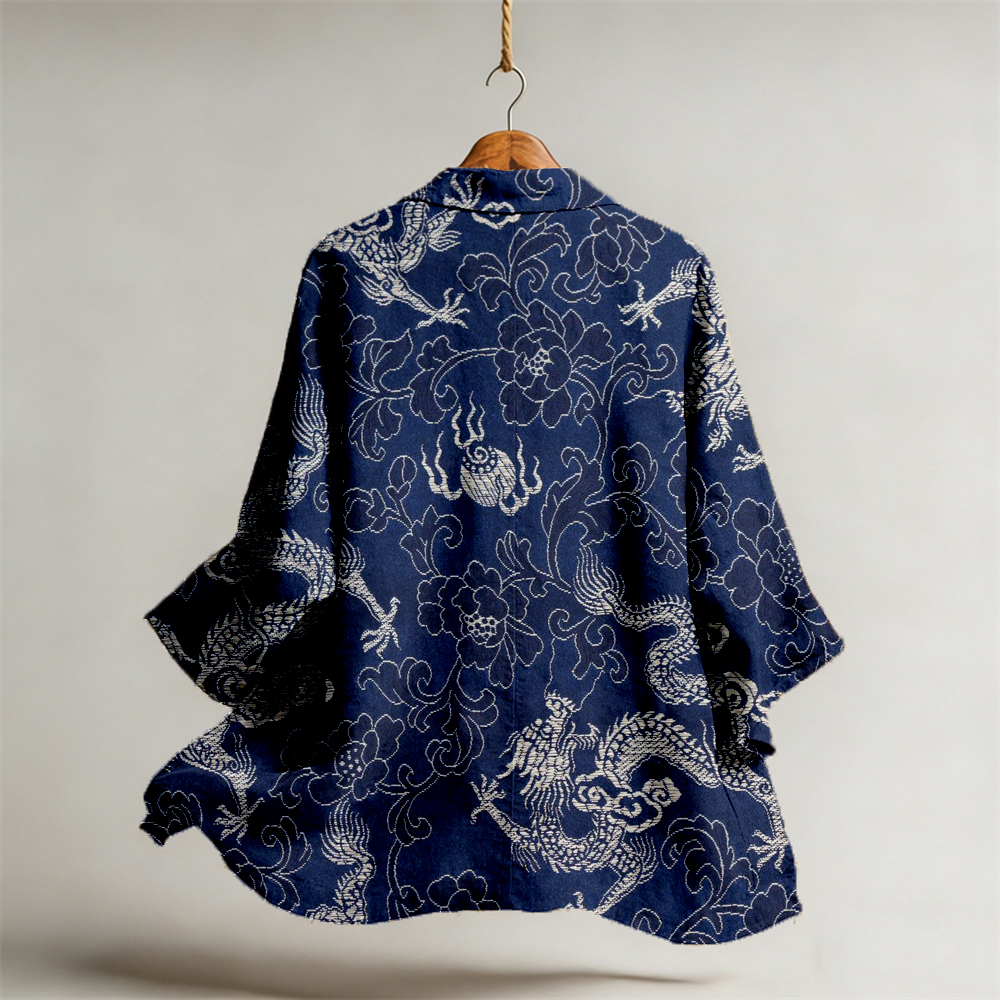 Vintage Dragon Art Pattern Flowy Linen Kimono  artssus