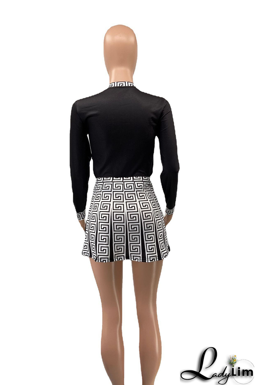 Black Fashion Print Patchwork O Neck Long Sleeve Two Pieces