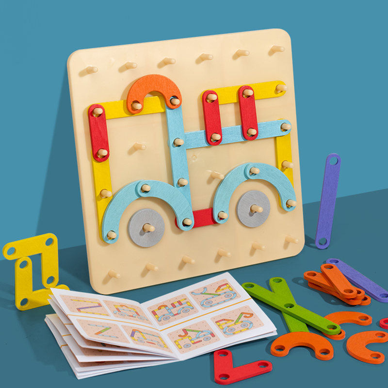 Tegooe Wooden Pegboard Geometric Shape Construction Kit - Creative Sensory Toy for Kids