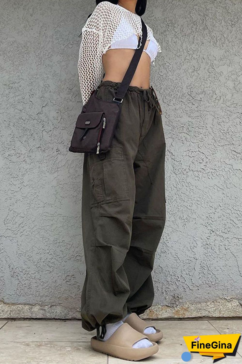 Brown Casual Street Solid Patchwork Pocket Loose Low Waist Wide Leg Solid Color Bottoms
