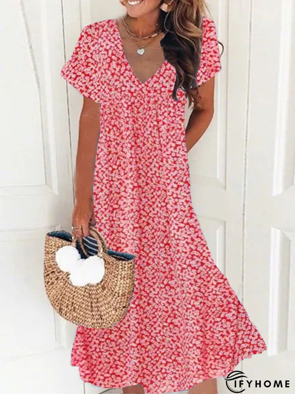 Women's Swing Dress Casual V Neck Loose Short Sleeve Floral Ruched Print Boho Dress | IFYHOME