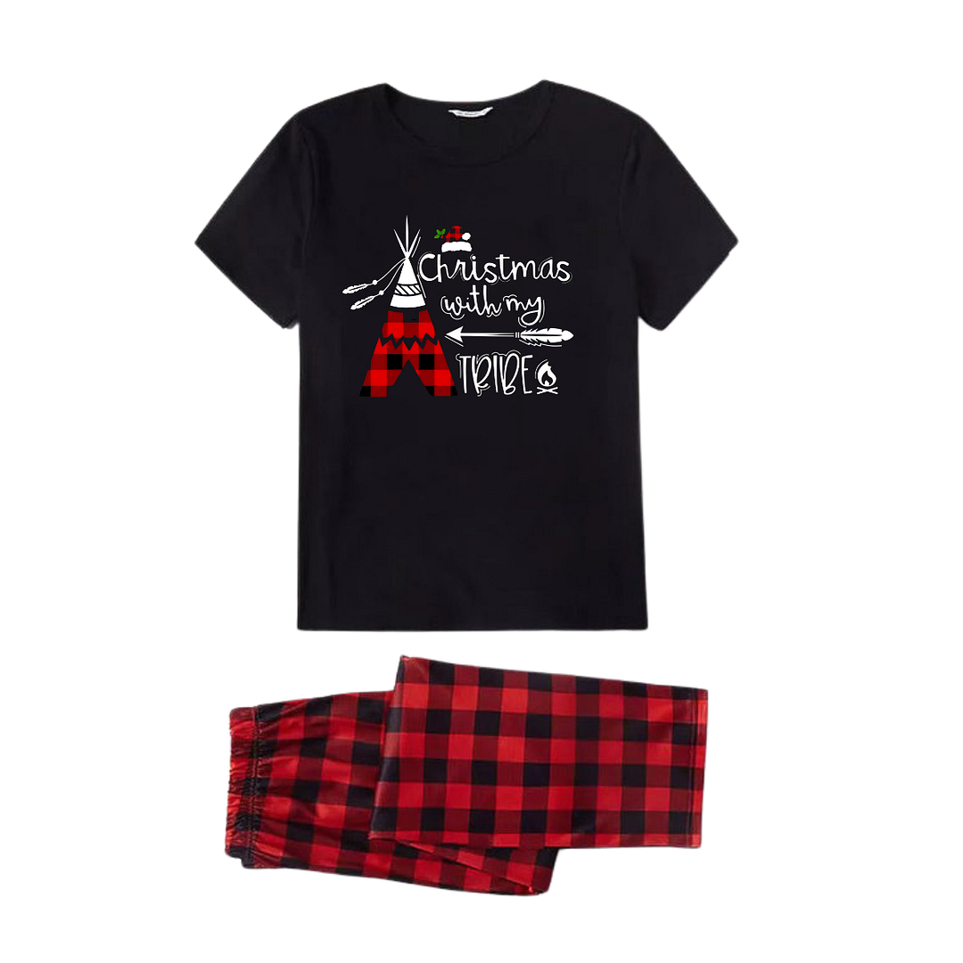 "Christmas With My Tribe" Pattern Ⅱ - Black Short Sleeve with Red & Black Plaid Pant Family Matching Pajamas