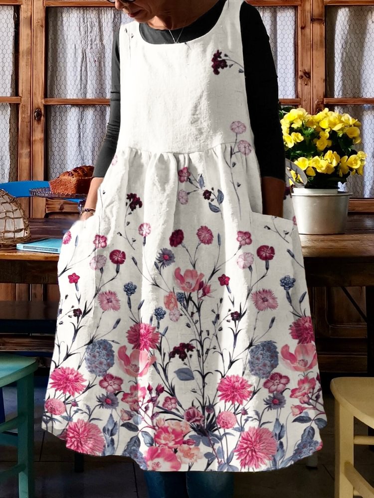 Comstylish Elegant Flowers Art Pleated Pinafore Midi Dress