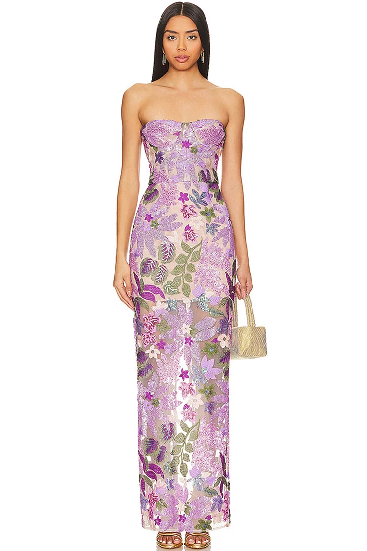 Evening Gown Light Purple Sequins Embroidery See-Through Strapless Maxi Dress