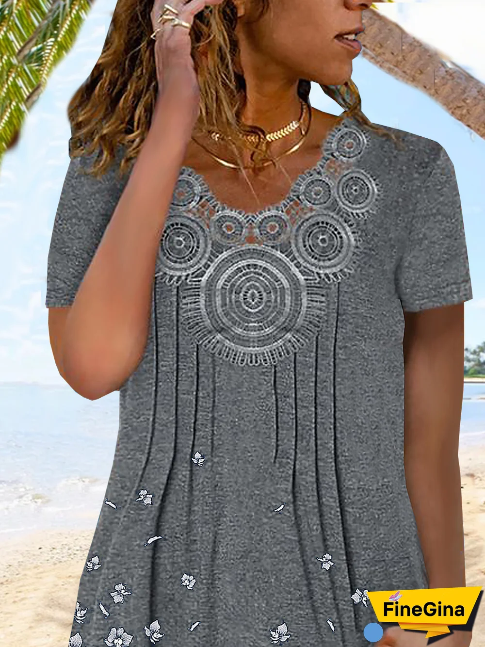 Vacation Floral Printed Casual Loosen Lace V Neck Short Sleeve T-Shirt