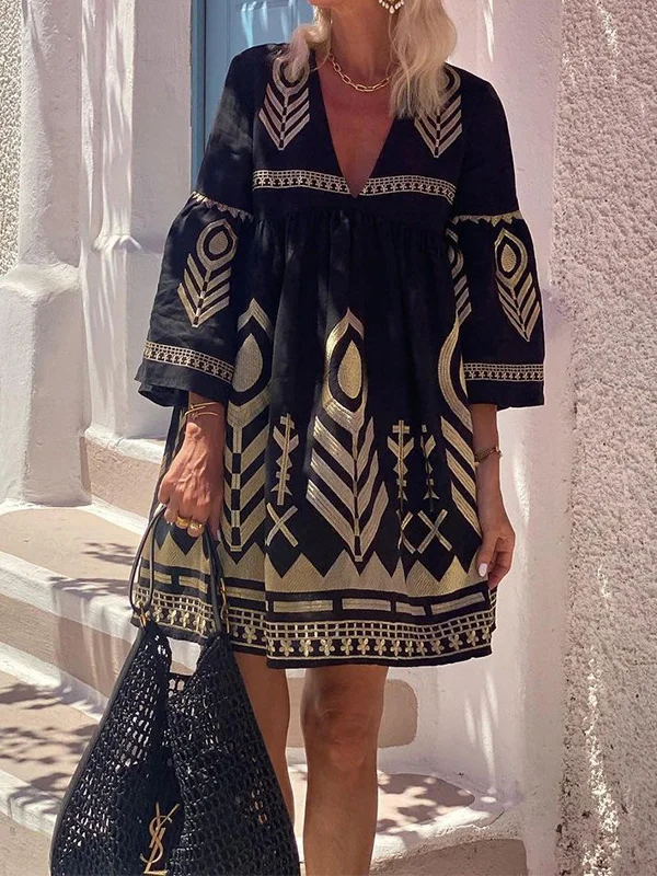 Flower Printed Loose Long Sleeves Bohemia Mini Dresses