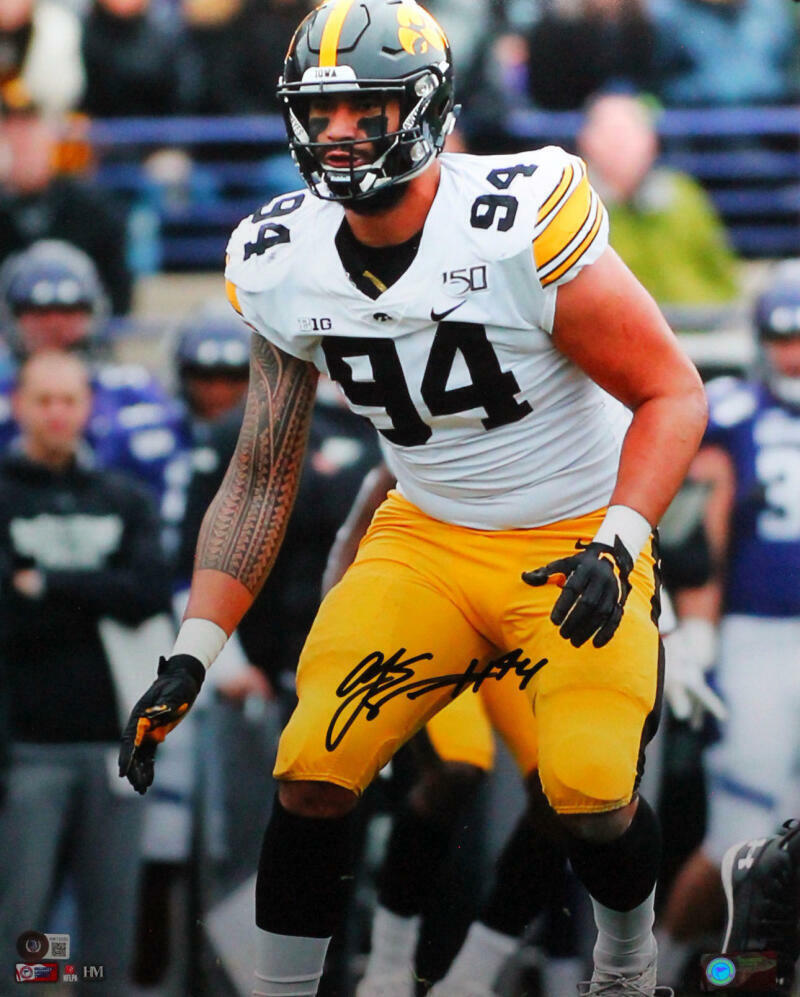 AJ Epenesa Autographed Iowa In Stance Close Up 16x20 HM Photo Poster painting- Beckett W *Black