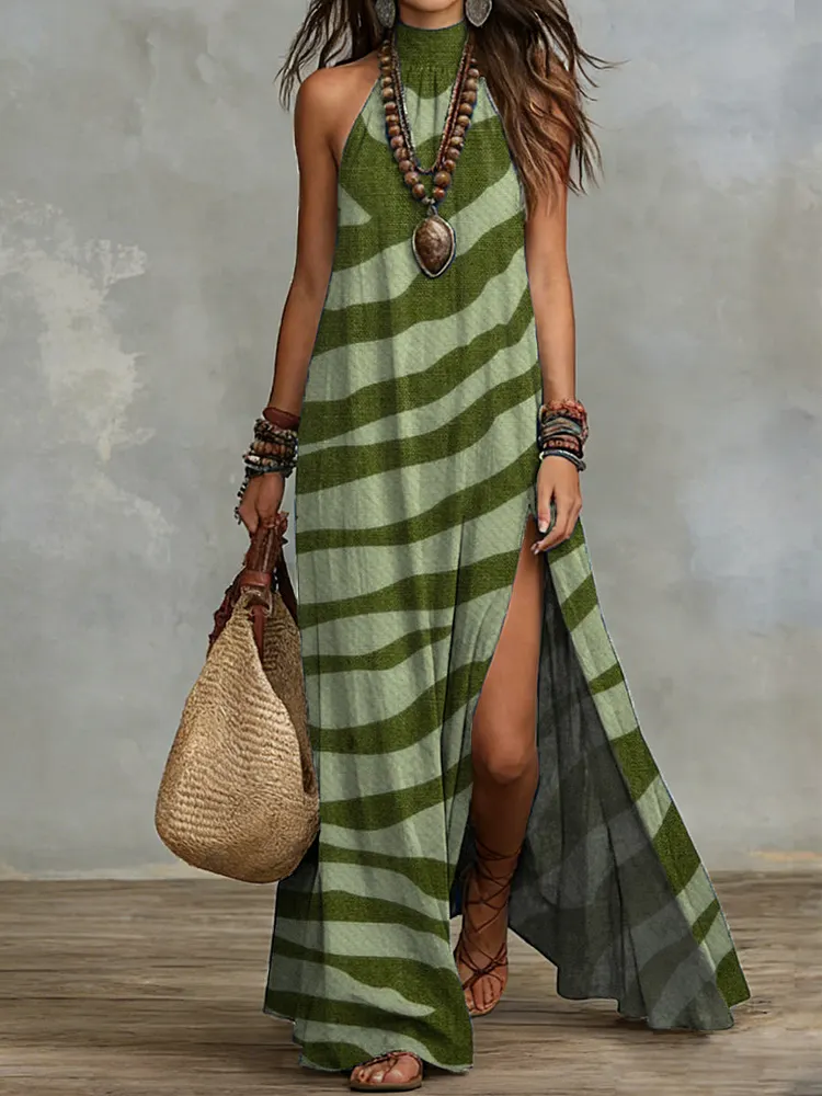 Bohemian-style Striped Halter-neck Long Dress With Slit