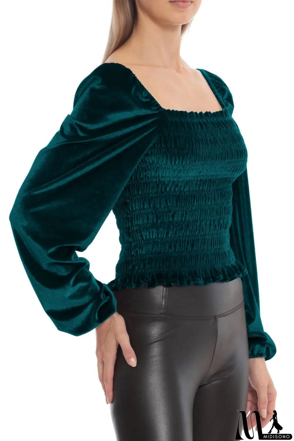 MidiSono - Smocked Square Neck Long Sleeve Blouse