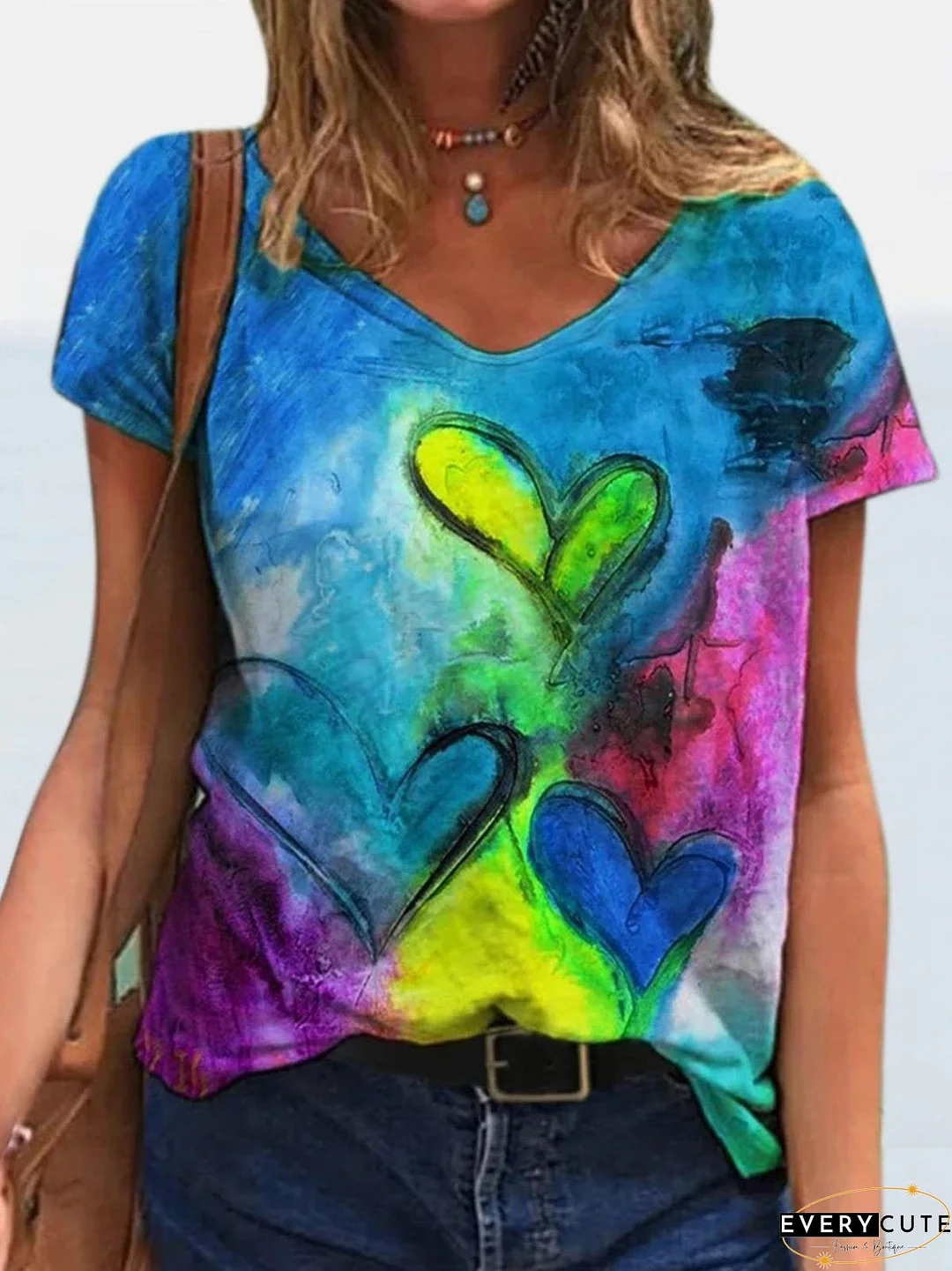 Fashion Printed V-neck Short-sleeved T-shirt for Women