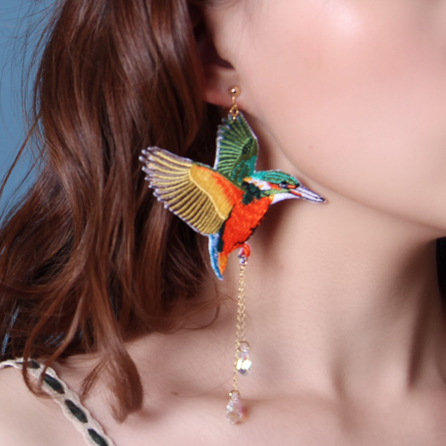 Kingfisher Embroidered Earrings Chinese Style Exaggerated Retro Cheongsam Earrings Ear Clips
