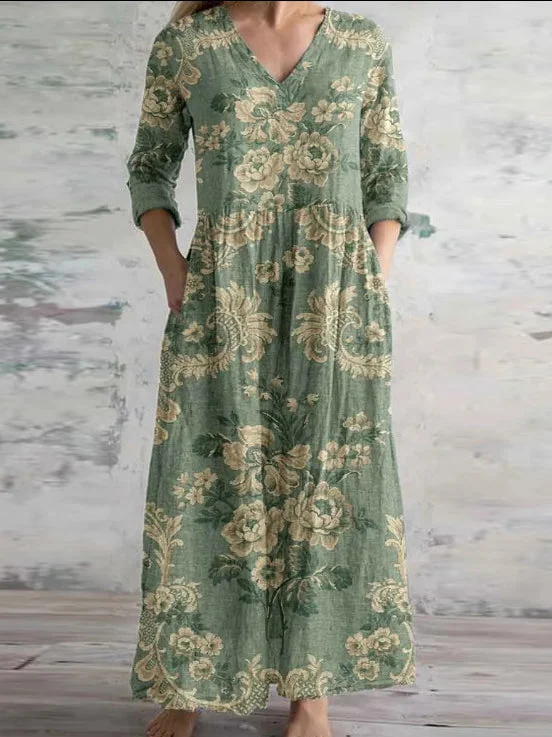 Women's 3/4 Sleeve V-neck Graphic Printed Midi Dress