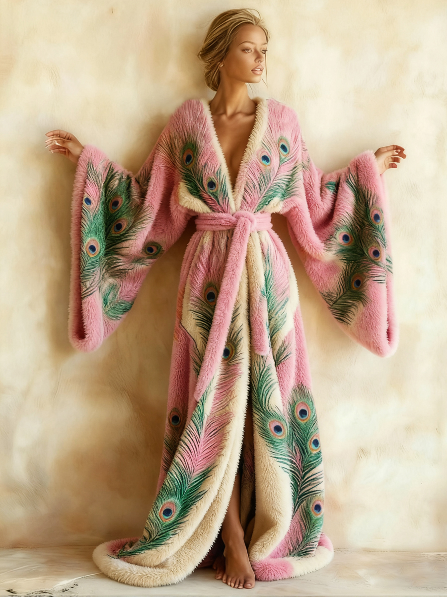 Abstract  Art Print Kimono Long Gown Autumn and Winter Robe With Belt