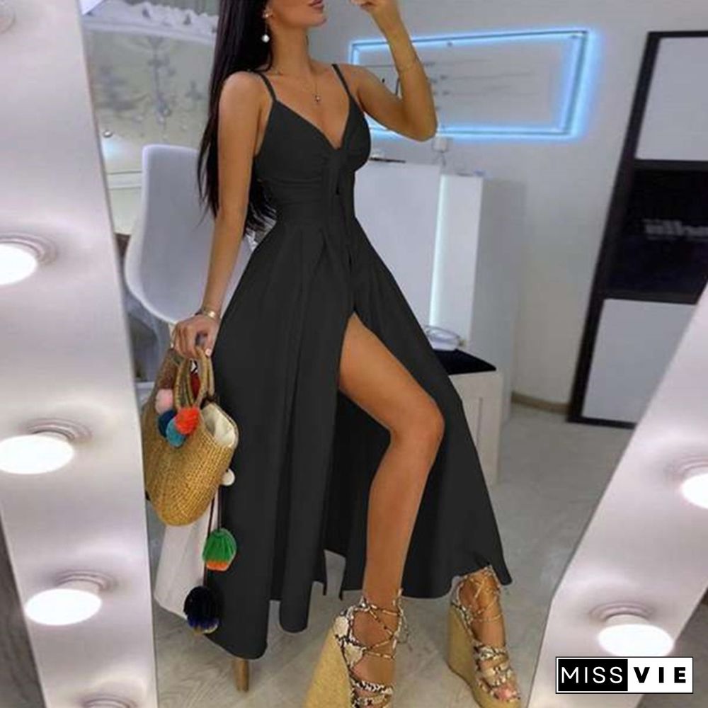 Women Fashion V-neck Tie Waist Floral Sling Dress