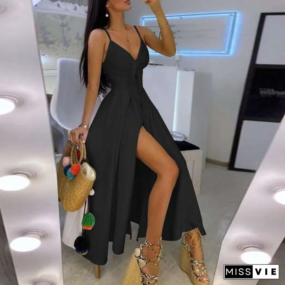 Women Fashion V-neck Tie Waist Floral Sling Dress