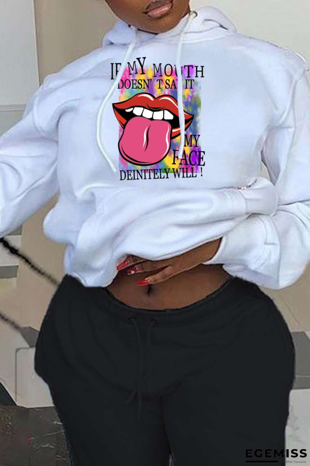 White Street Lips Printed Patchwork Hooded Collar Tops | EGEMISS