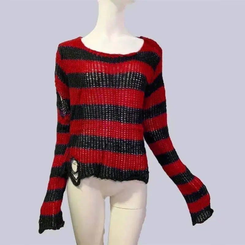 Punk Gothic Long Unisex Sweater 2020 Summer Women Striped Cool Hollow Out Hole Broken Jumper Loose Rock Thin Dark Streetwear Top 1029-1