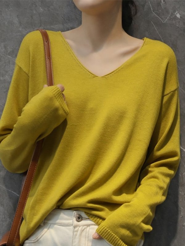 Simple Solid Color V-Neck Long Sleeve Knitwear Tops