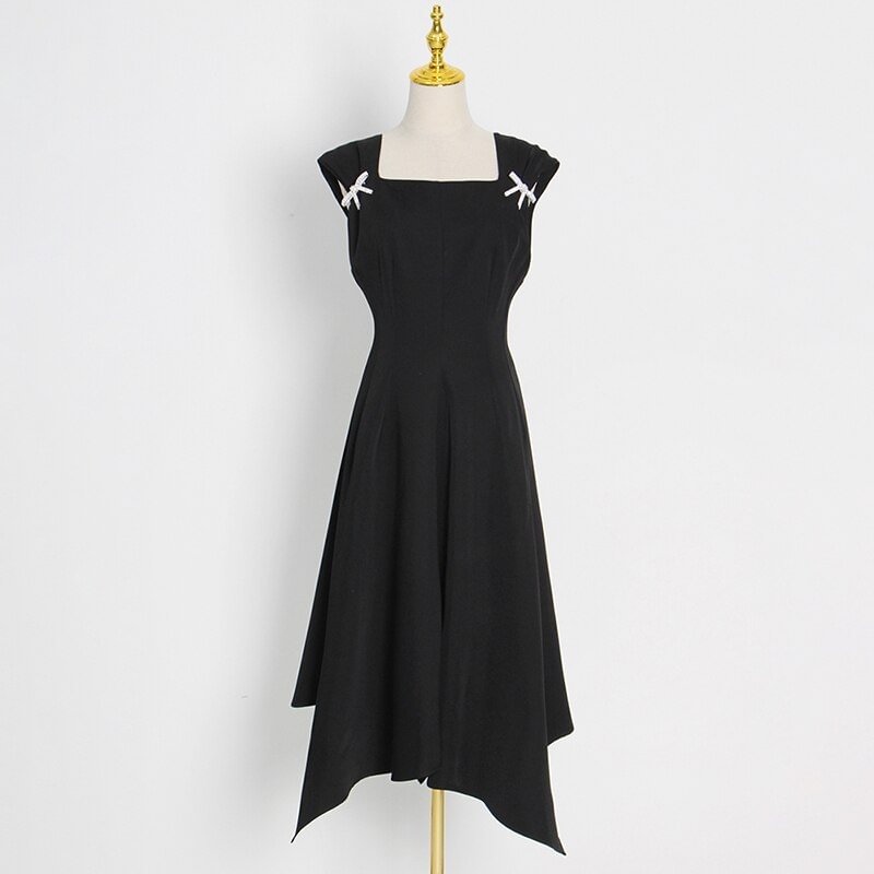 QJONG TWOTWINSTYLE Elegant Black Dress For Women Square Collar Sleeveless High Waist Solid Patchwork Bowknot Midi Dresses Female Style