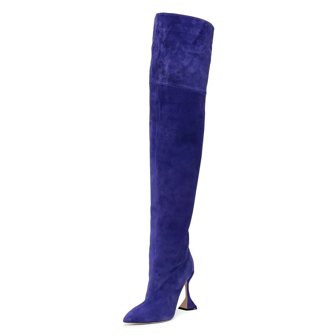 Pointed Toe Flared Heel Over The Knee Vegan Suede Boots in Blue
