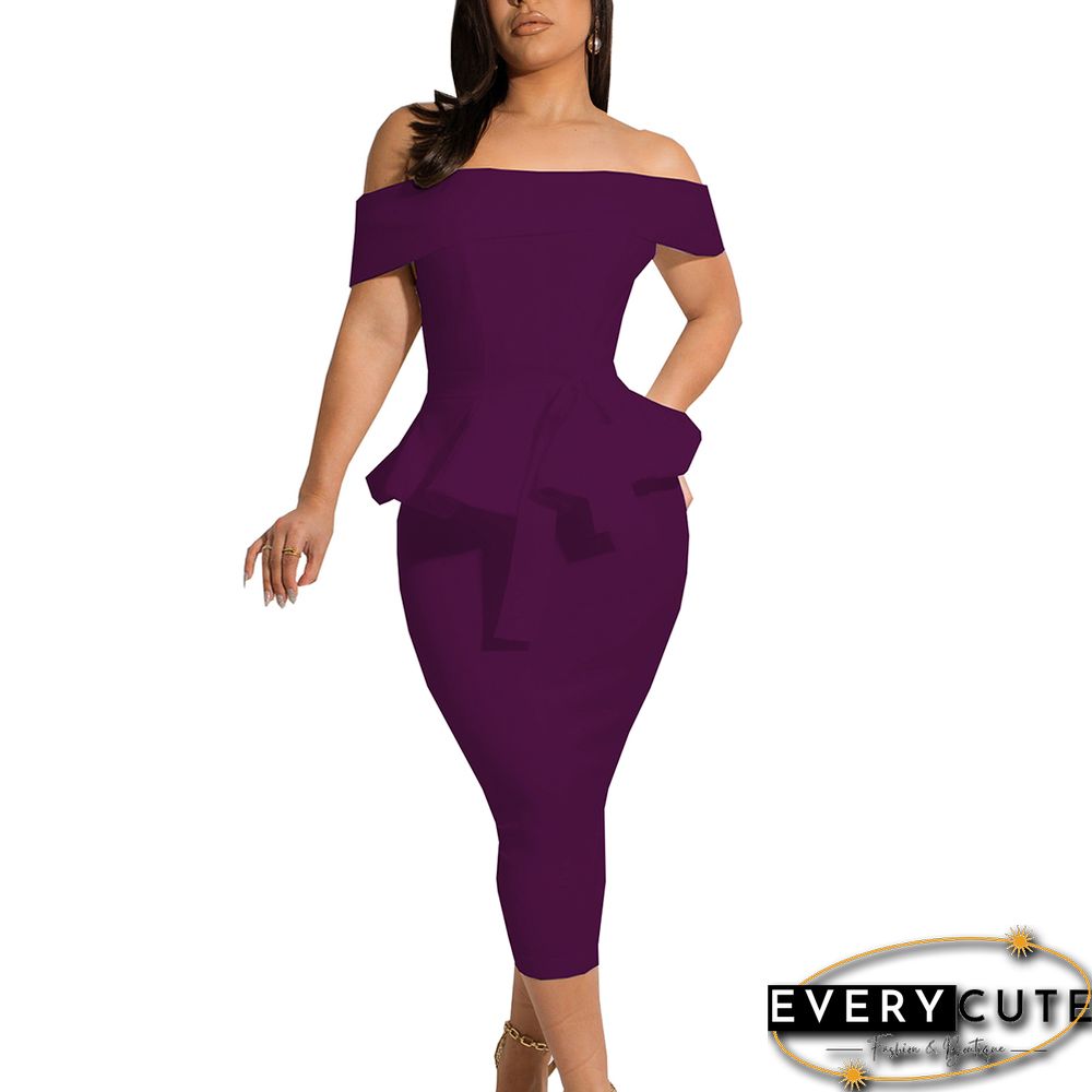 Purple Off the Shoulder Ruffle Bodycon Midi Dress