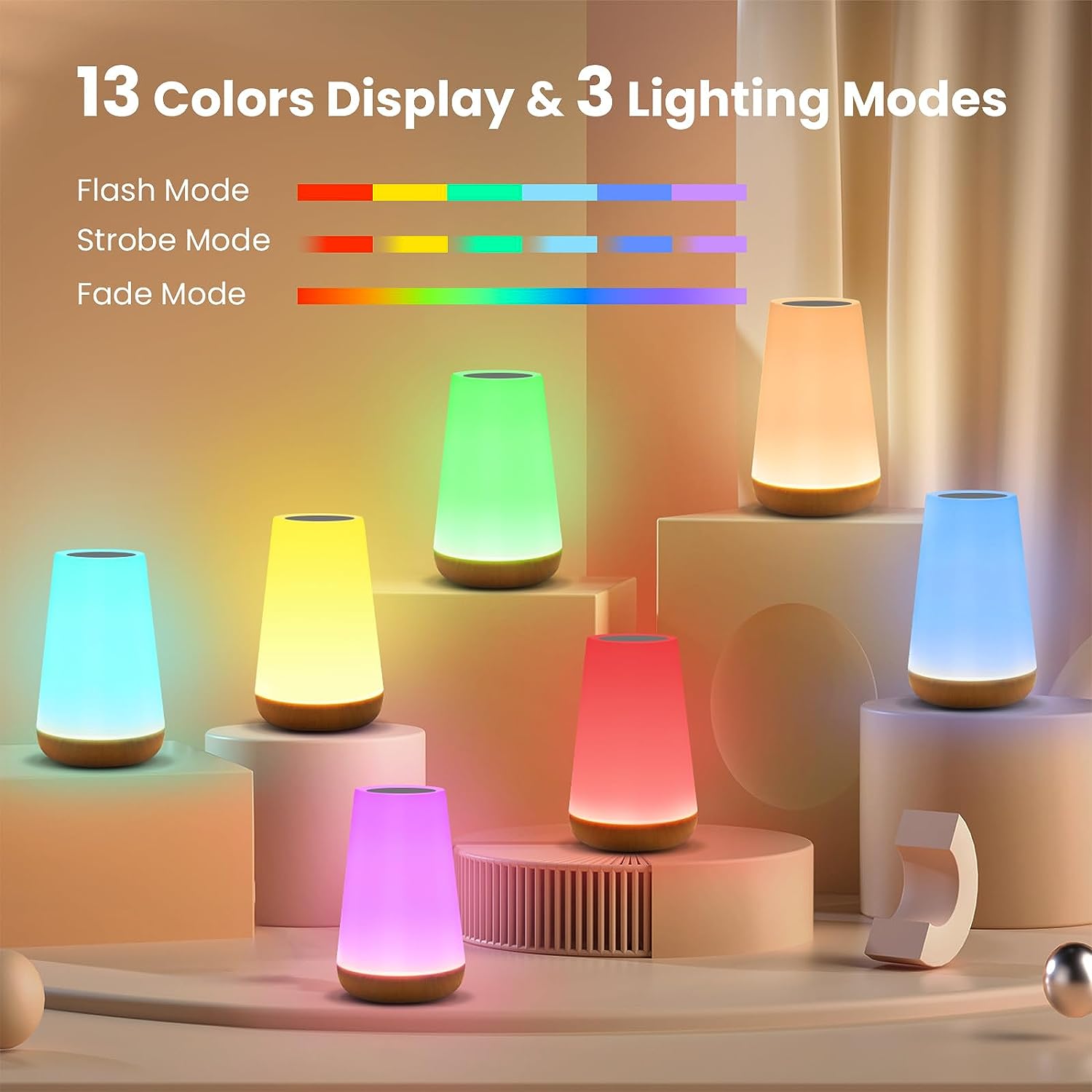 Likron Watches Rechargeable RGB Bedside Lamp with Remote Control - 13 Color Changing Dimmable LED Night Light with Timer