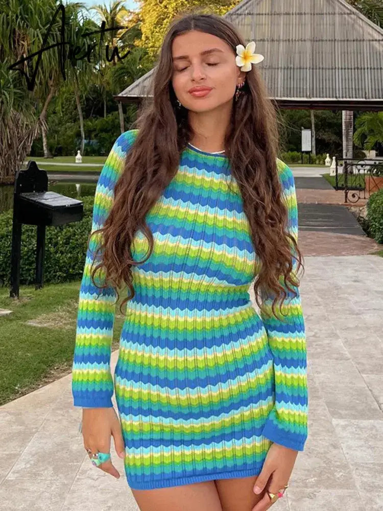 Women Stripe Knit Beach Dress Bodycon Backless Long Sleeve Green Y2K Casual Summer Holiday Sexy Dresses Party Mini Vestidos Aiertu