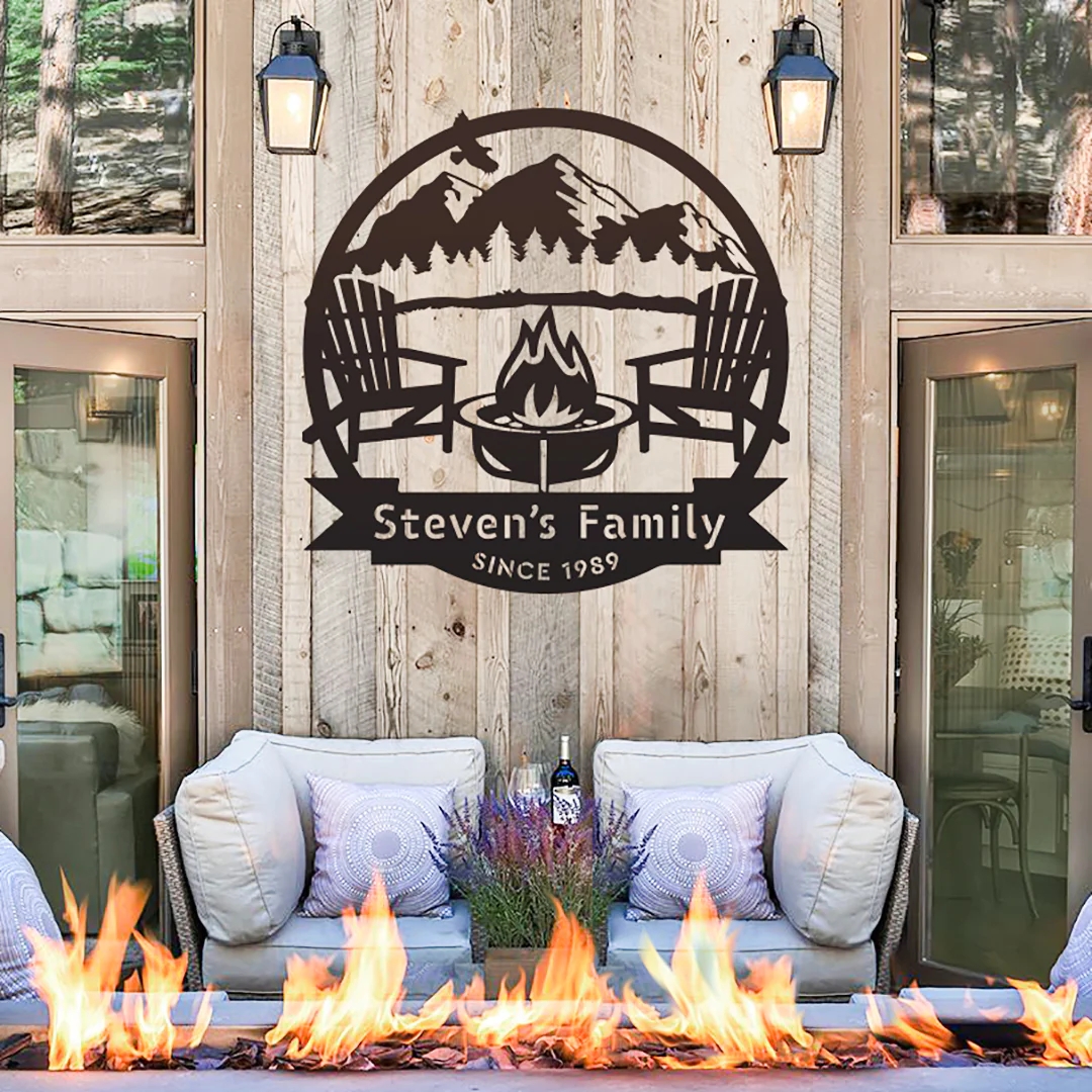 Personalized Camping Metal Sign, Custom Mountain Campfire Sign, Campfire Monogram, Personalized Campfire Name Sign, Metal Wall Art 