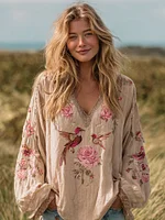 Women's Bohemian Floral And Birds V-neck Long-sleeved T-shirt