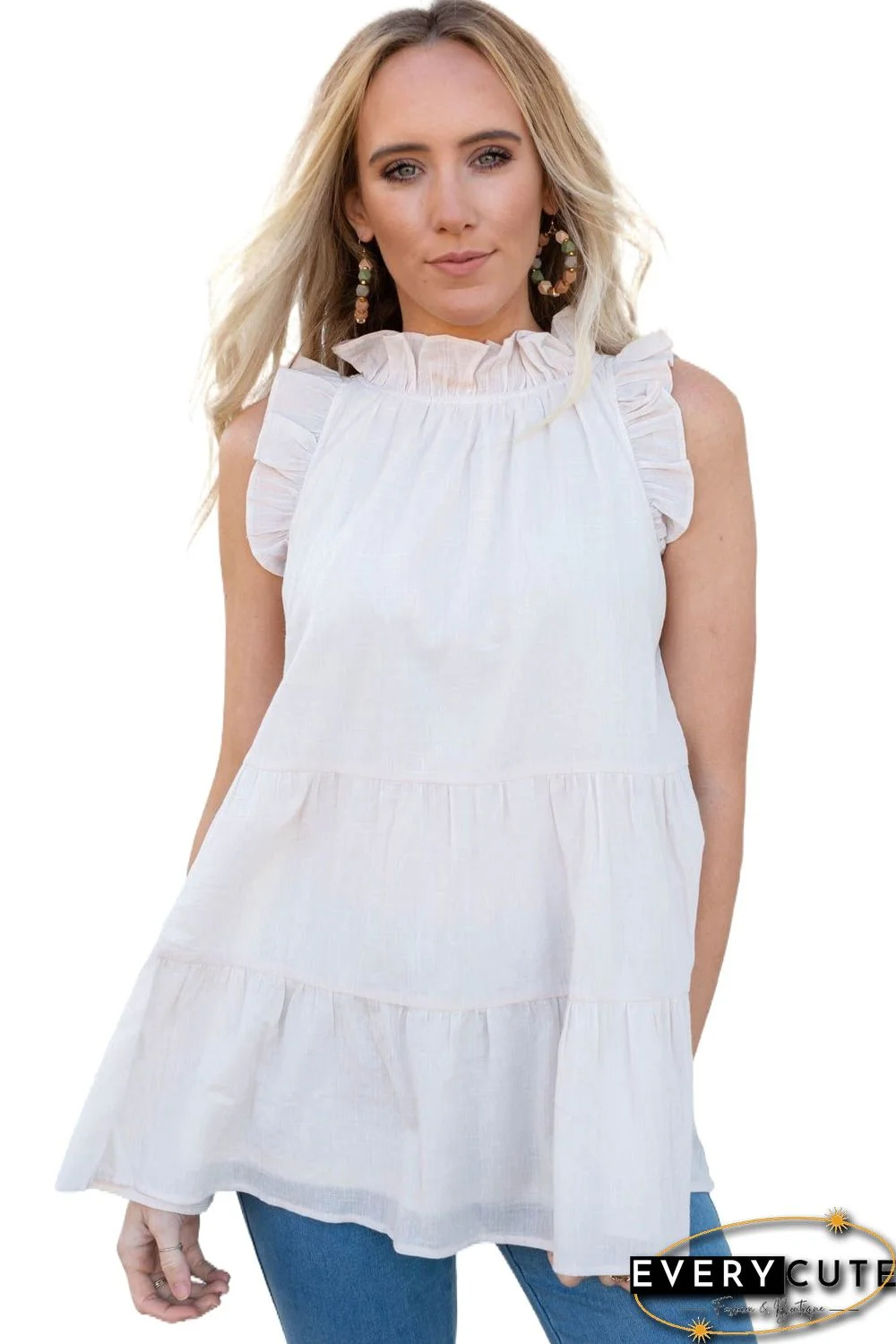 White Frilled Collar Sleeveless Knotted Tiered Flowy Tank