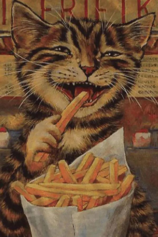 Cat Eating French Fries Cartoon Vintage Print T-shirt