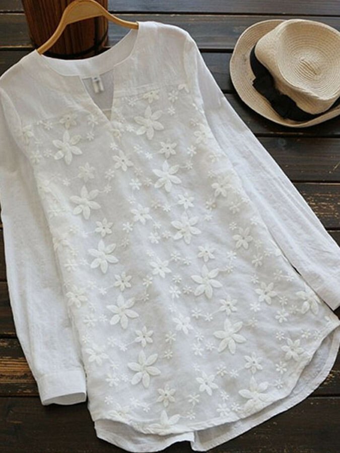 Airrys™ Women's lace embroidered cotton and linen long-sleeved shirt