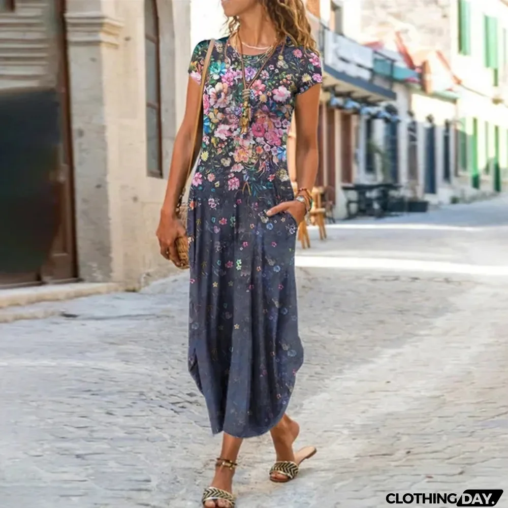 Fashion Floral Print Casual Short Sleeve Bohemian Retro Slim Maxi Dress