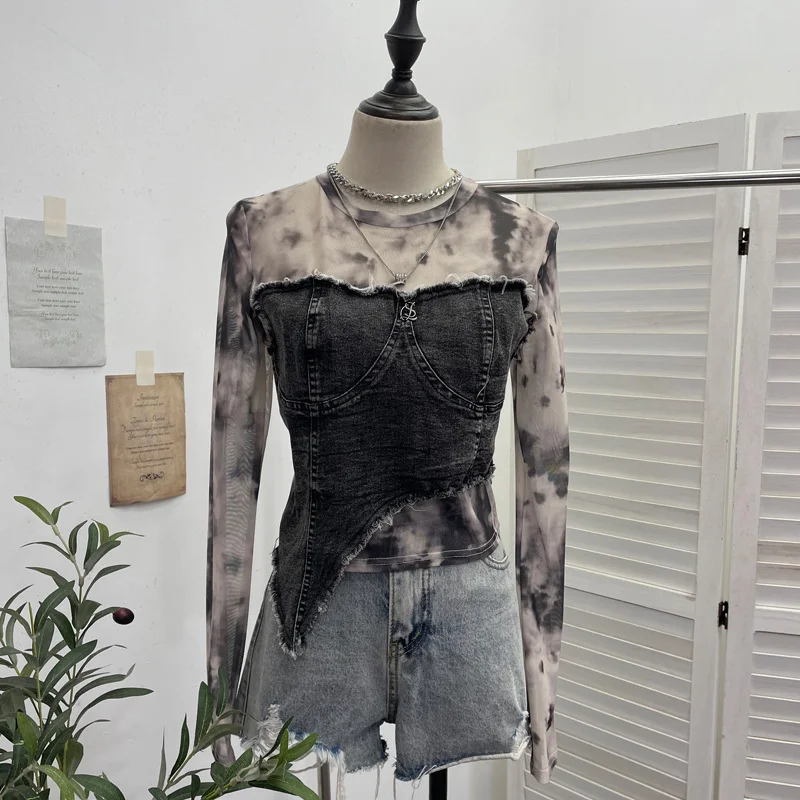 Uveng Vintage Dye Mesh Spliced Denim Shoulder Long-Sleeved T-Shirt T-Shirt T-Shirt Dress 2617