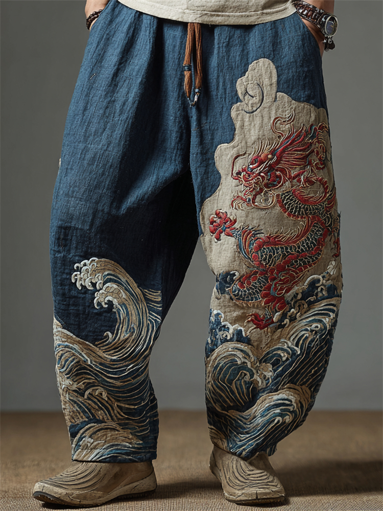 Men's Japanese Dragon Sea Waves Embroidered Wide Leg Linen Pants  artssus