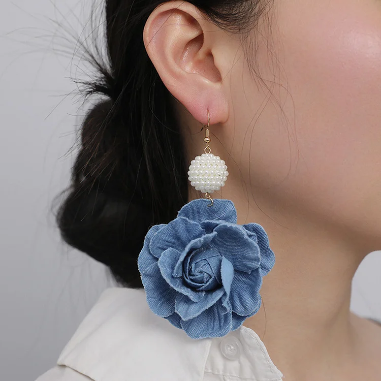Elegant Camellia Shaped Cloth Beaded Dangle Earrings
