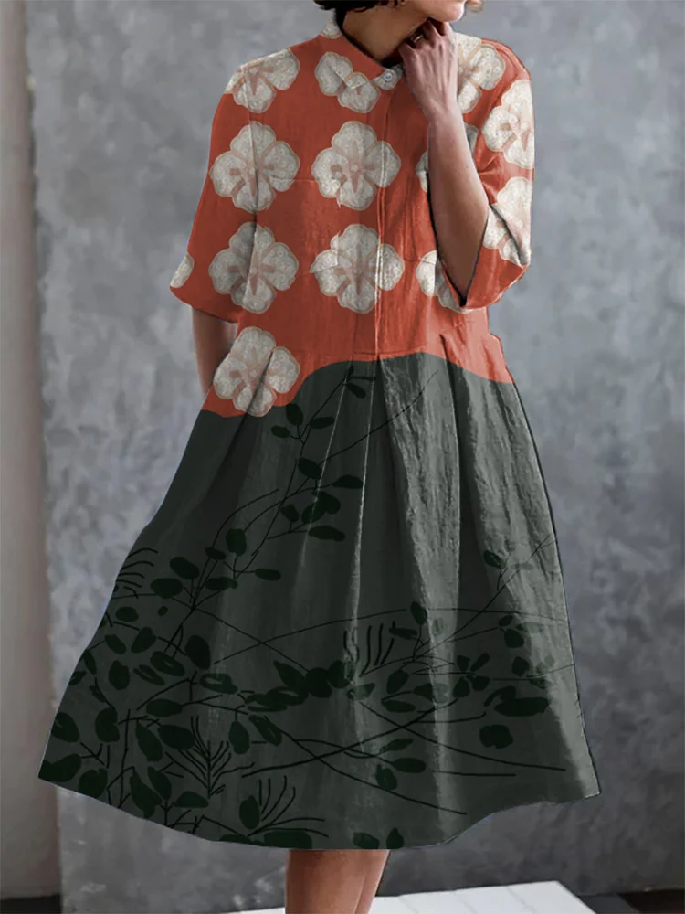 Retro Japanese Patchwork Print Casual Elegant Pocket Half Sleeve Dress