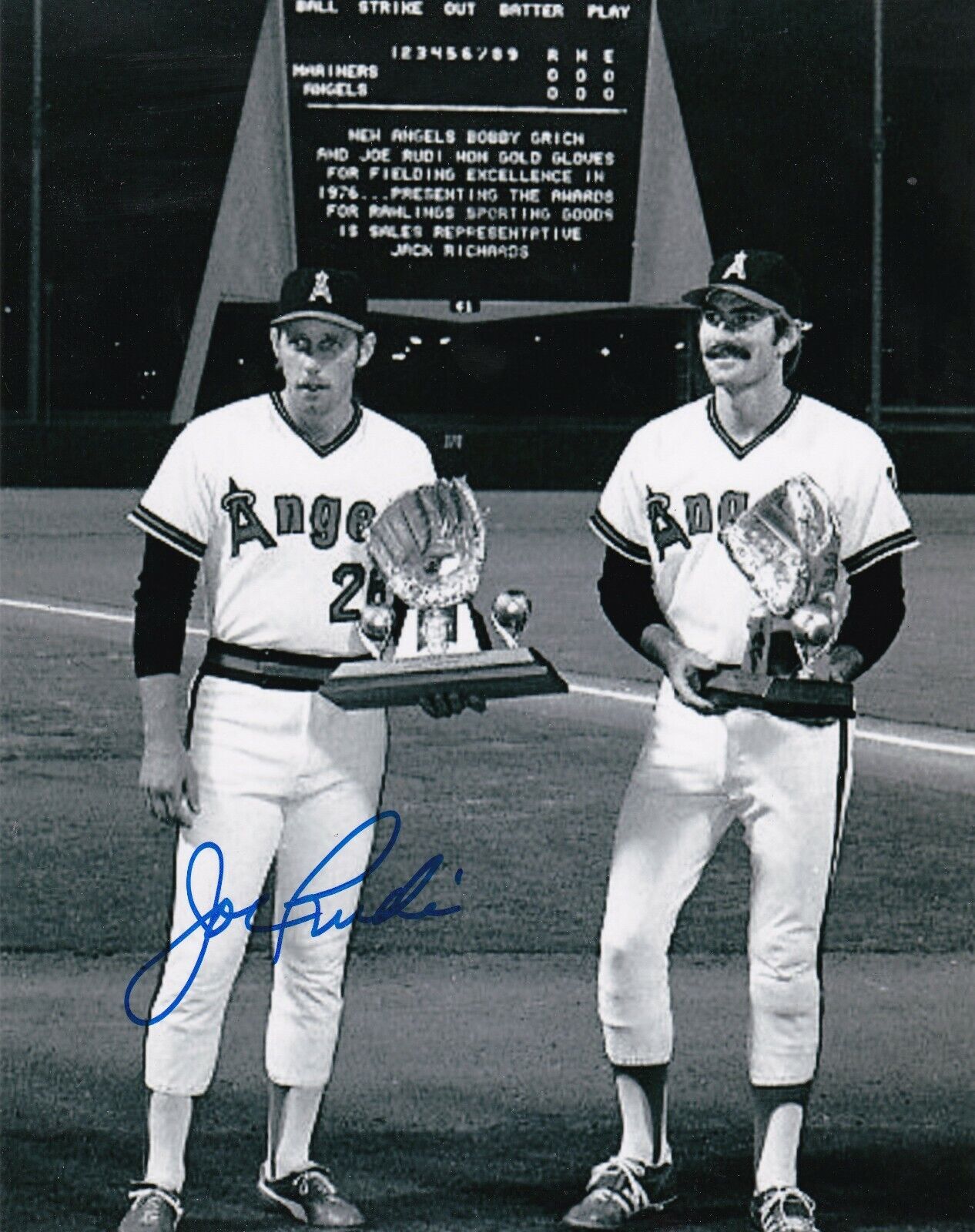 JOE RUDI CALIFORNIA ANGELS GOLD GLOVE AWARD W/ BOBBY GRICH SIGNED 8x10