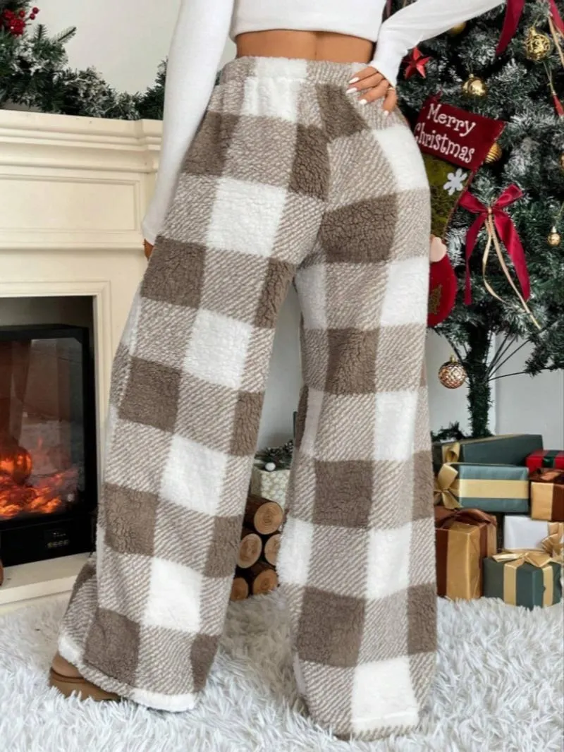 Winter New Vintage Plaid Elastic Straight Loose Thick Warm Casual Pants, Comfortable and Stylish for Cold Weather Wear