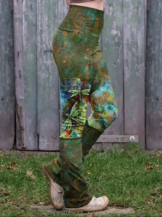 Retro dragonfly print stitched thermal integrated Leggings
