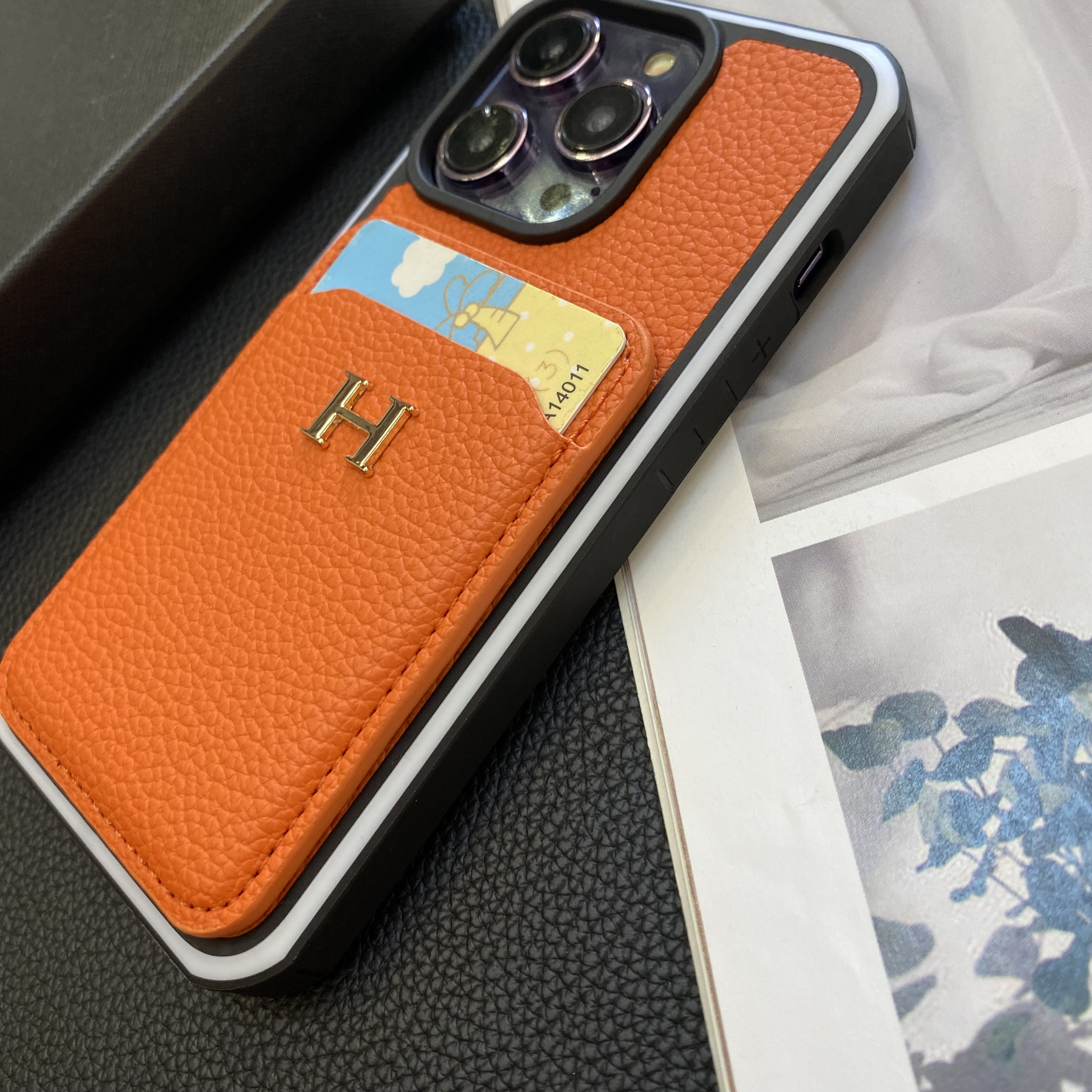 Hermes Genuine Leather Lychee Pattern Back Card Slot Apple iPhone Case