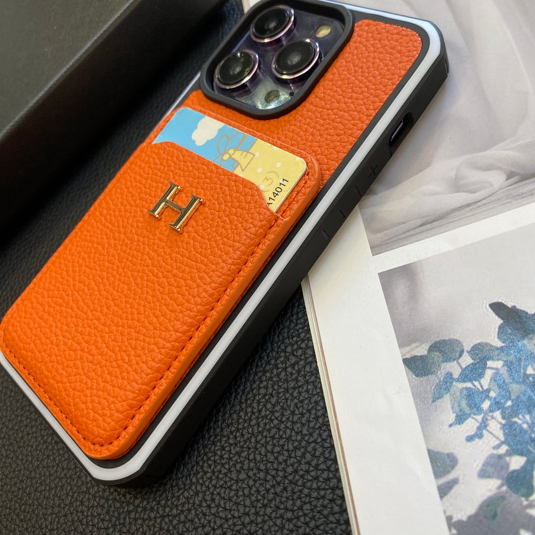 Hermes Genuine Leather Lychee Pattern Back Card Slot Apple iPhone Case