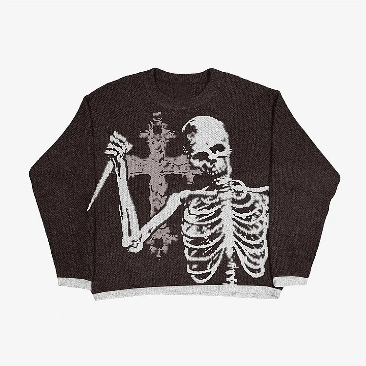 Hip Hop Oversized Knitted Sweaters Streetwear Pullover Gothic Skeleton Pattern Knitwear at Hiphopee