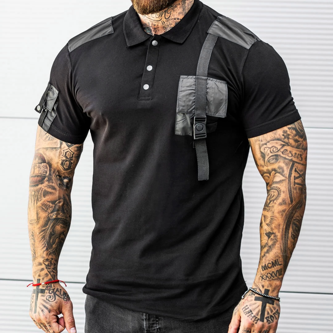 Men's Black Pocket Shoulder T-Shirt、、URBENIE