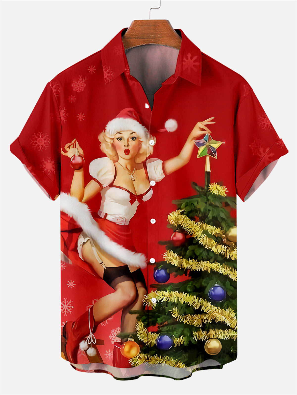 Men's Winter Christmas Girl Retro Pattern Short Sleeve Shirt PLUSCLOTHESMAN