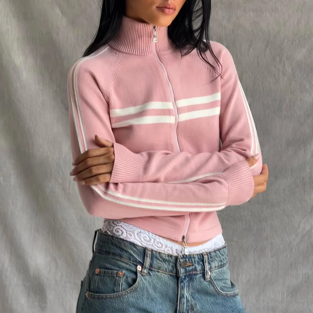 Toloer Ribbed Stripe Zipper Pullover Jacket-Outfit Ideas